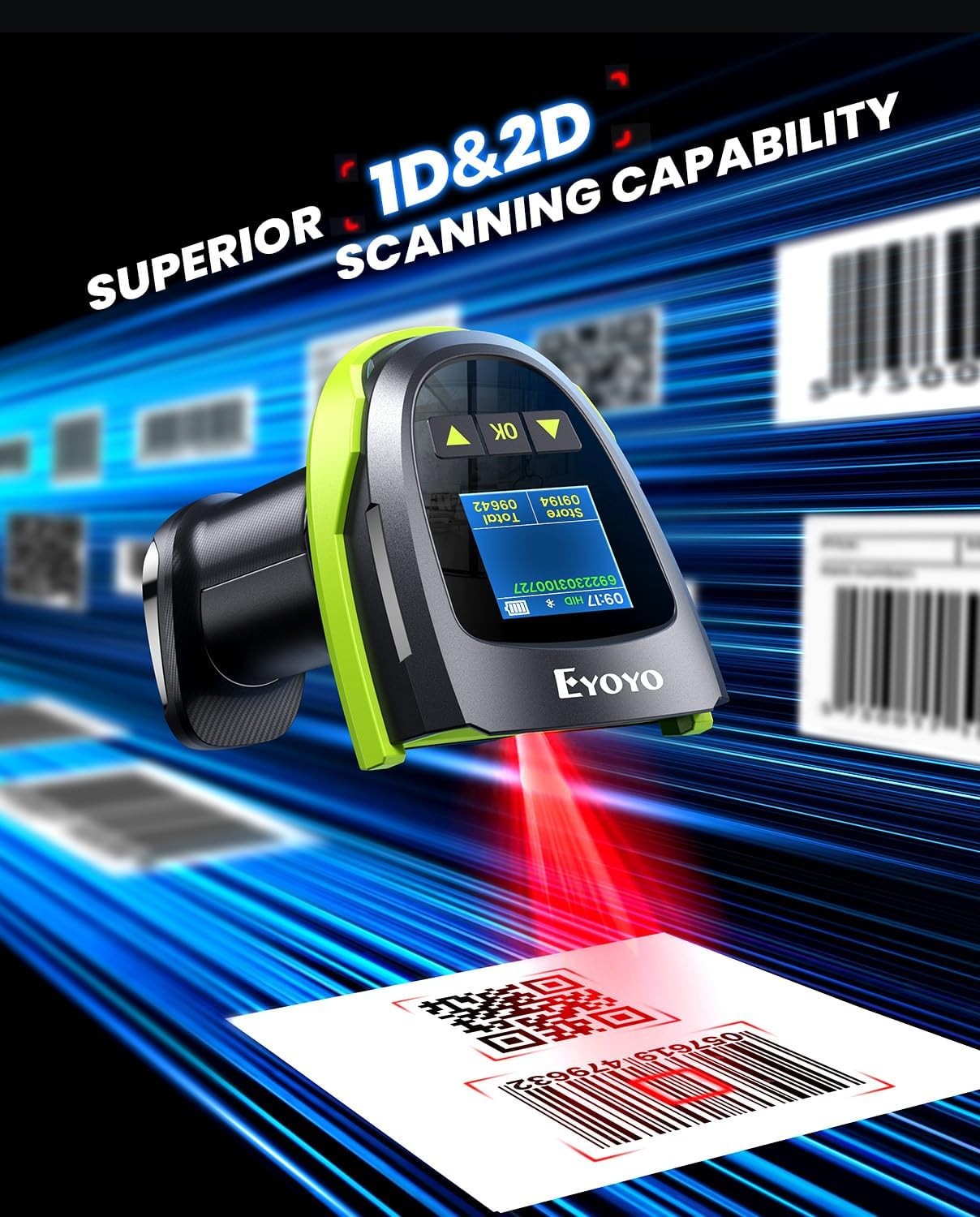 Eyoyo 2D QR Code POS Barcode Scanner Wireless with Screen,Wall-Mount & 2900mAh