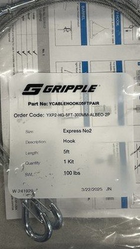 Gripple Express No 2 Wire Rope Suspension Kit 5ft Hook 100lb SWL