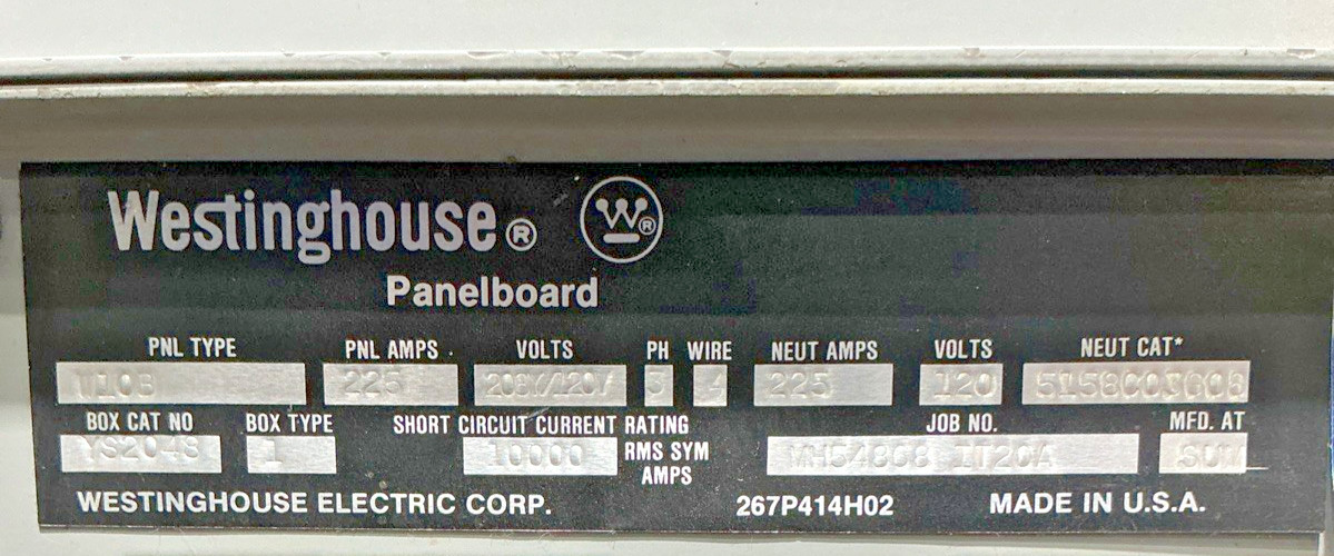 Westinghouse 225 Amp 208Y/120V MLO Panelboard 3PH 4W YS2048 🟦