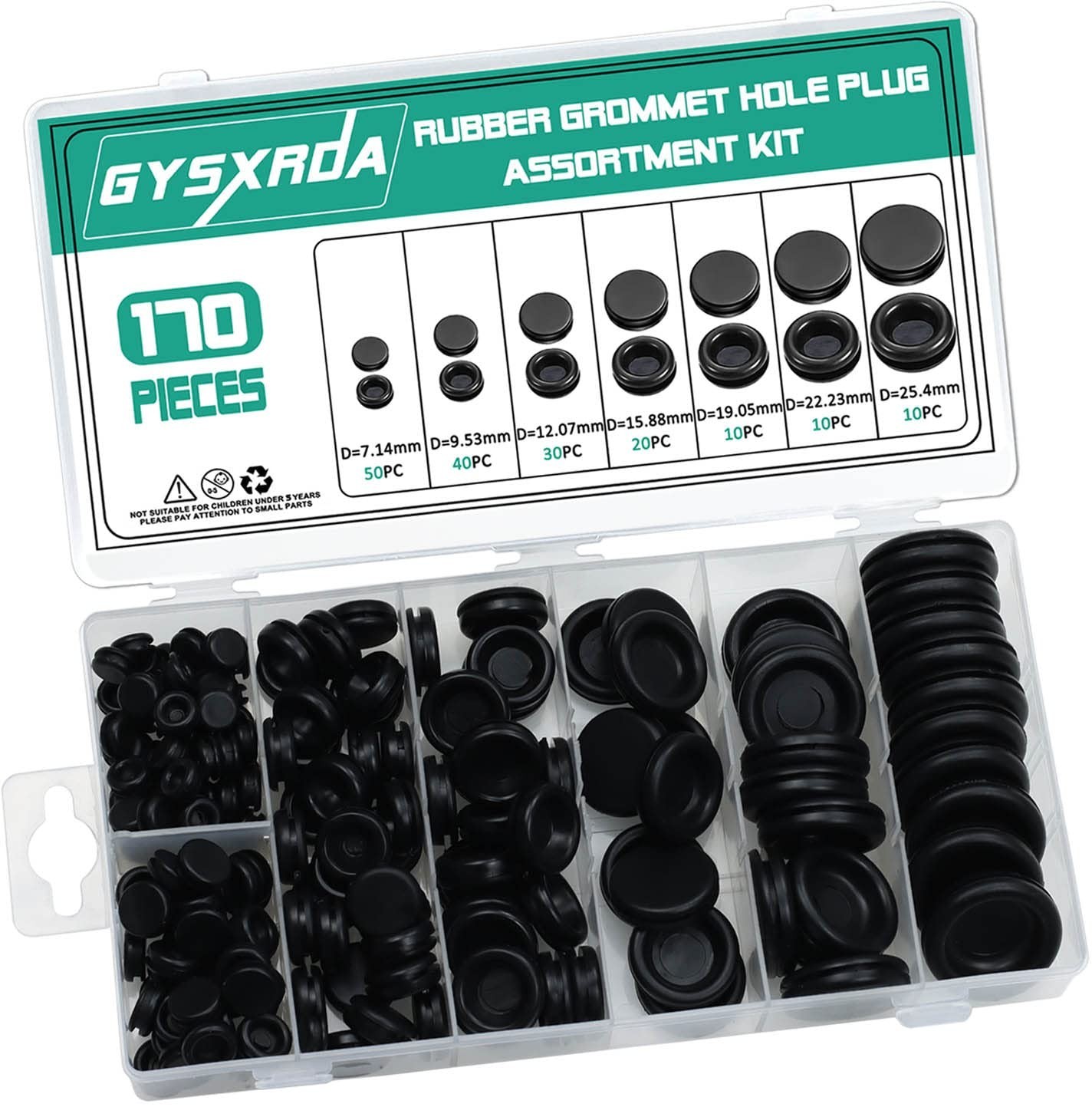 Gysxrda Rubber Grommet Kit 170 Pack – Black 7 Sizes