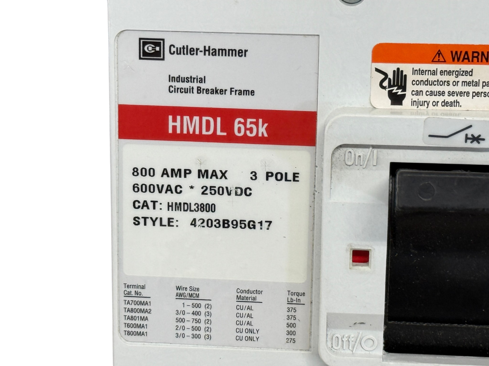 EATON CUTLER HAMMER HMDL3800F 800A 3-POLE 600V HMDL 65KA MT3800T CIRCUIT BREAKER