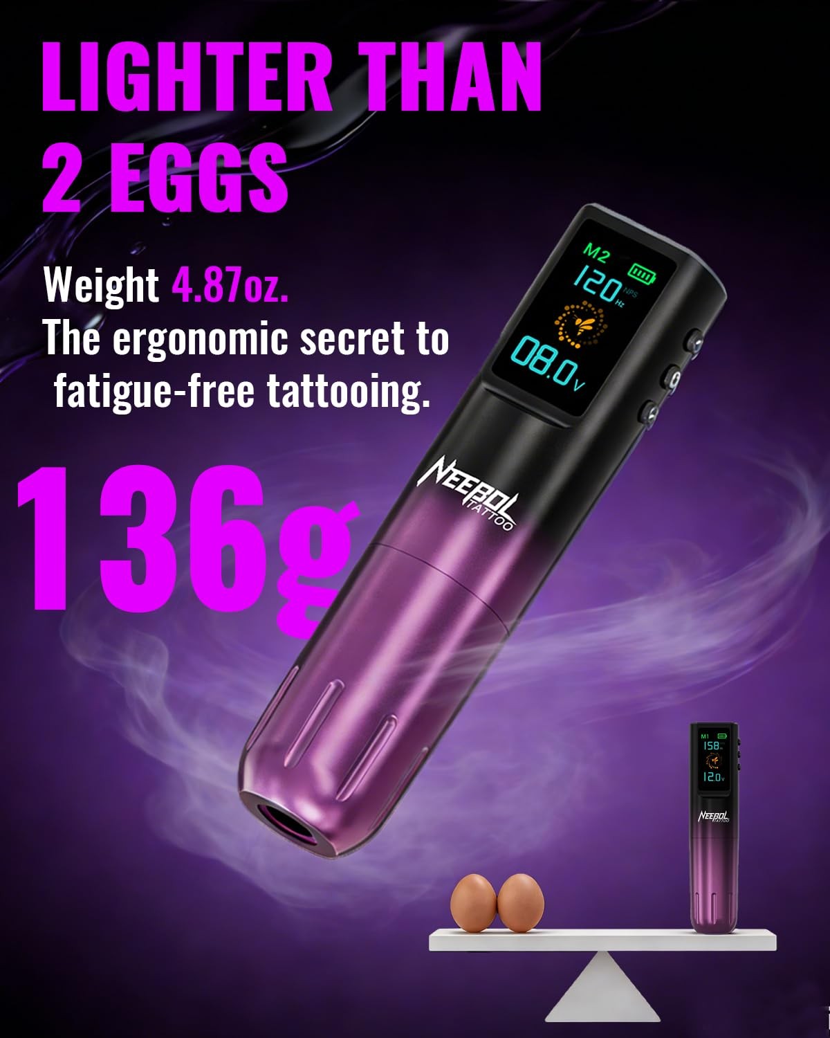 Neebol Wireless Tattoo Gun Kit with Color Screen, Cordless L, Purple