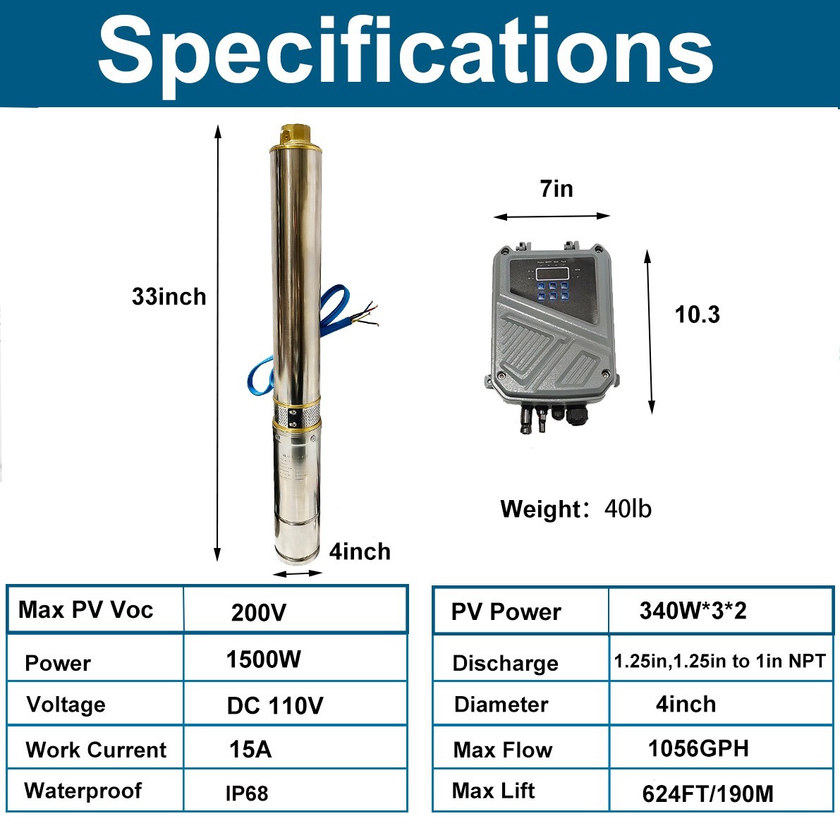 4″ Deep Well Submersible Pump, 1/2HP, 110V, 60 Hz, 28GPM, 150 Ft Max,1 1/4in NPT