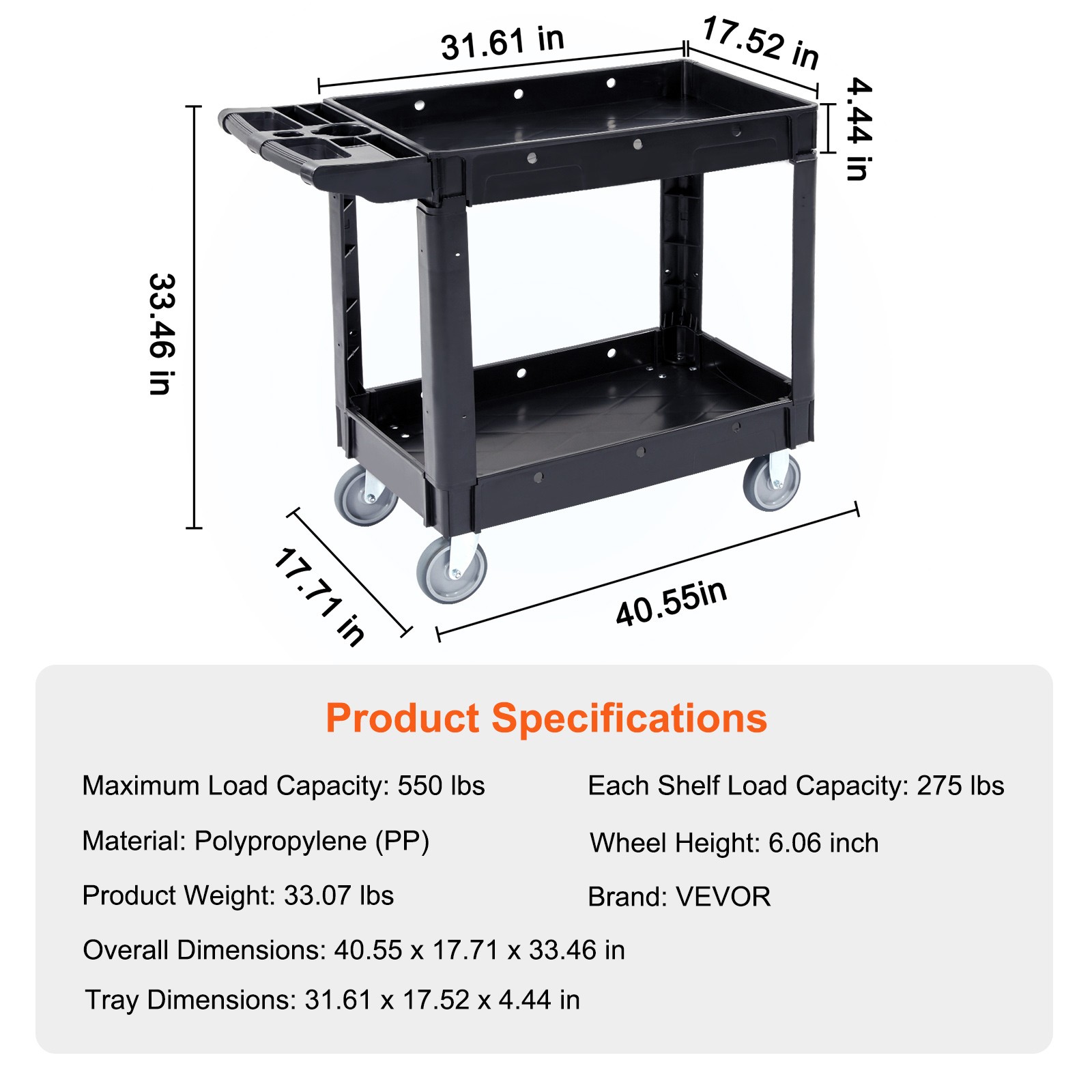 Uimoso Utility Service Cart Rolling Cart 2 Shelf 550LBS with 360° Swivel Wheels