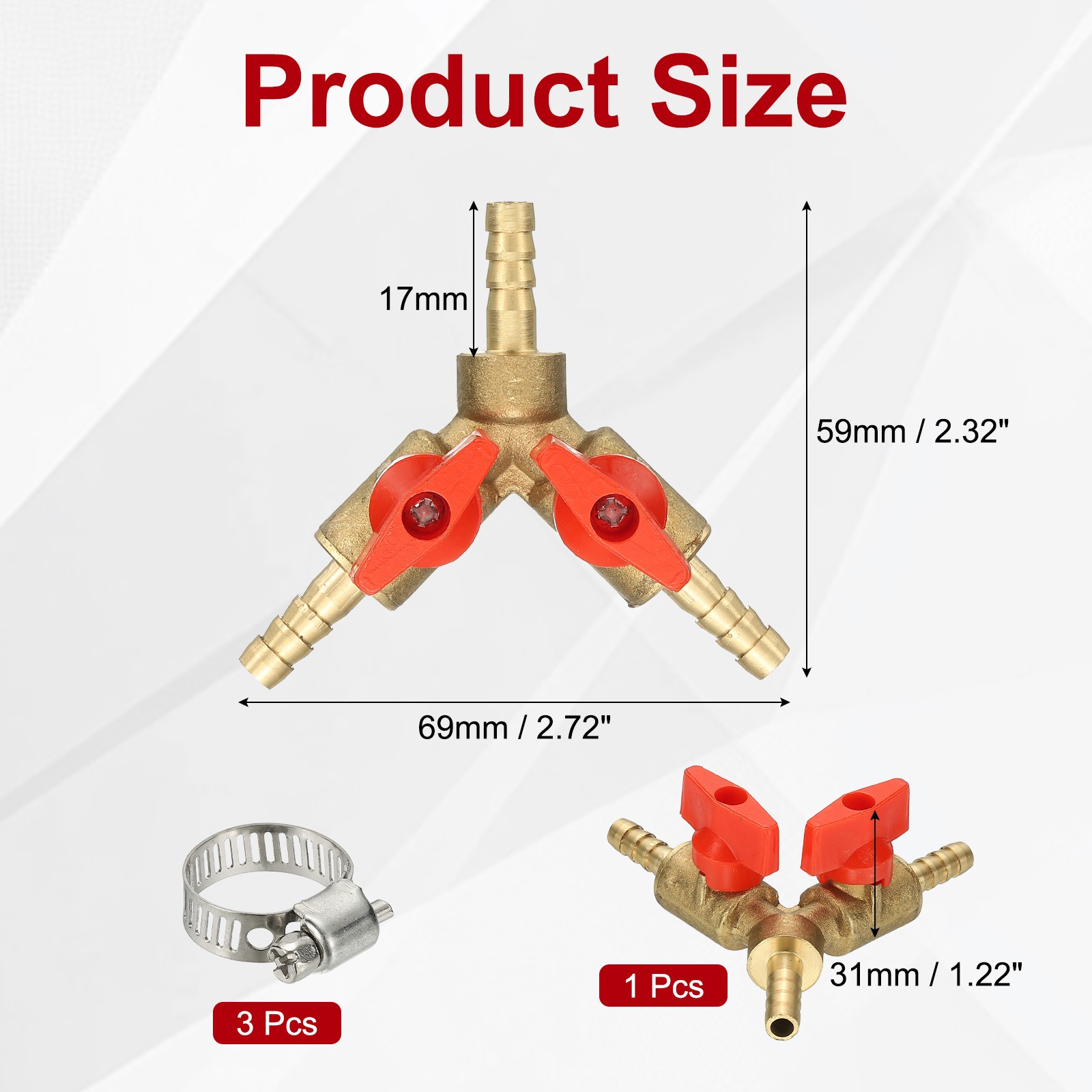 3 Way Shut Off Ball Valve, 1/4″ Y Shaped Hose Fitting with Switch, Red