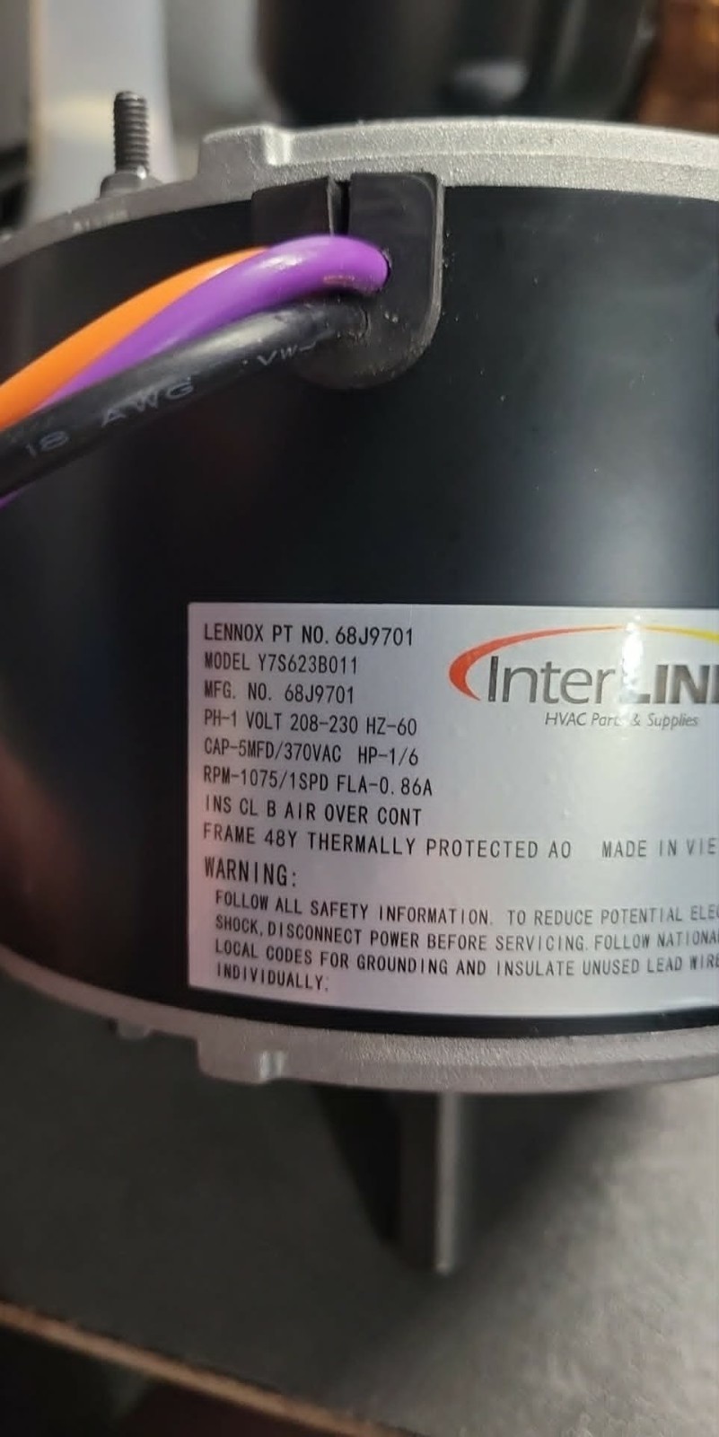 Lennox 68J97 – Interlink 68J9701, Condenser Fan Motor, 1/6 HP, 208-230 Volts