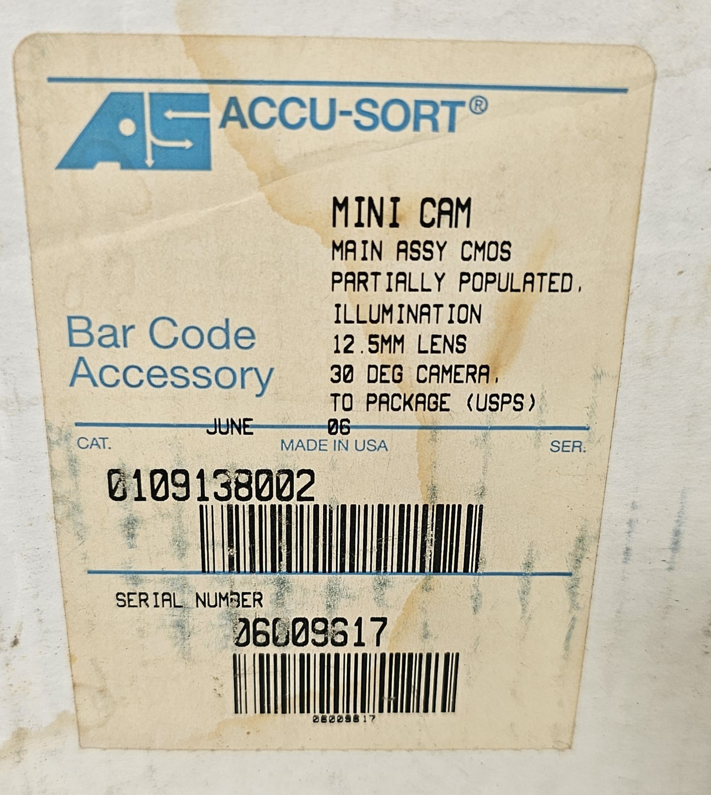 Accu-Sort Mini Cam 0109138002 Barcode Scanner Camera 30°, 12.5mm Lens CMOS, New