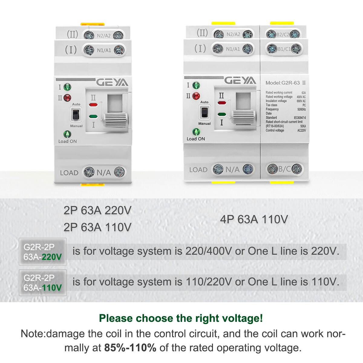 GEYA Mini Dual Power Automatic Transfer Switch 2P 63A 110V For Grid & Generator