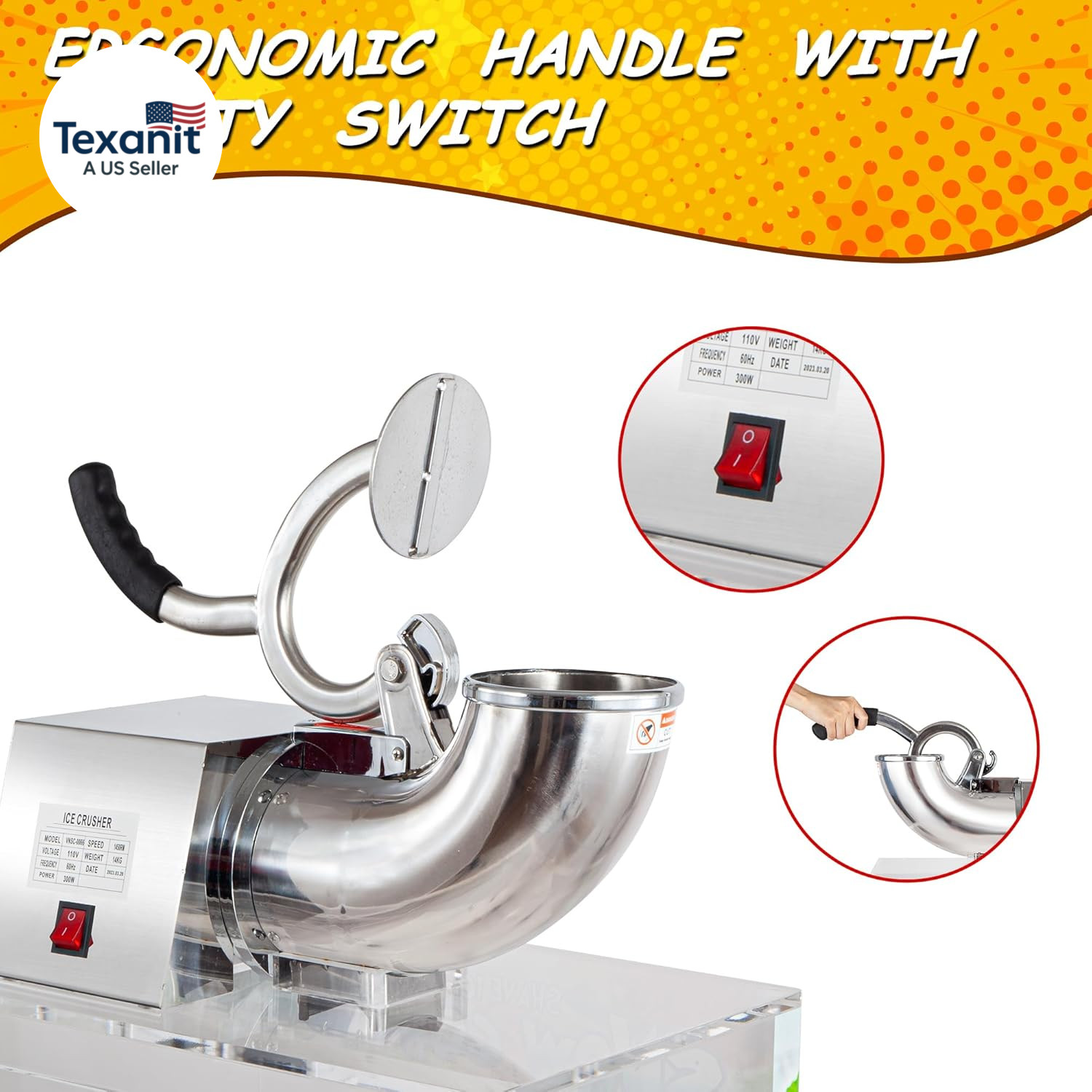 48L Snow Cone Machine, 500LB/H Commercial Shaved Ice Machine, 300W Electric Ice