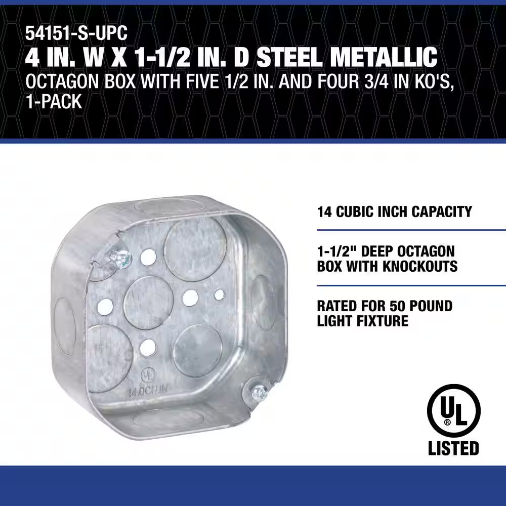 4 in. W x 1-1/2 in. D Steel Metallic Octagon Box with Five 1/2 in. and Four 3/4