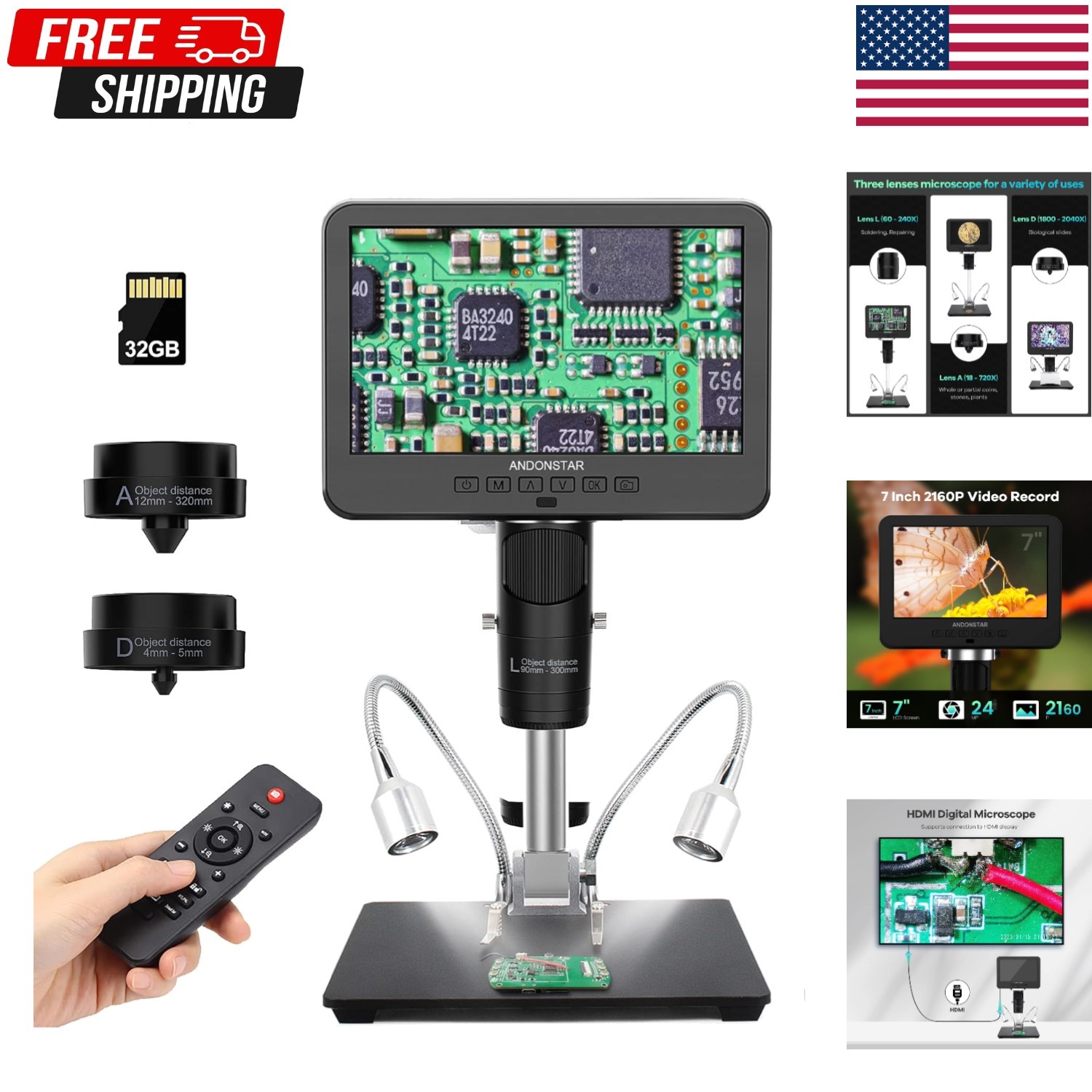Andonstar AD246S-M HDMI Digital Microscope-7″ (HDMI) 3 Lens