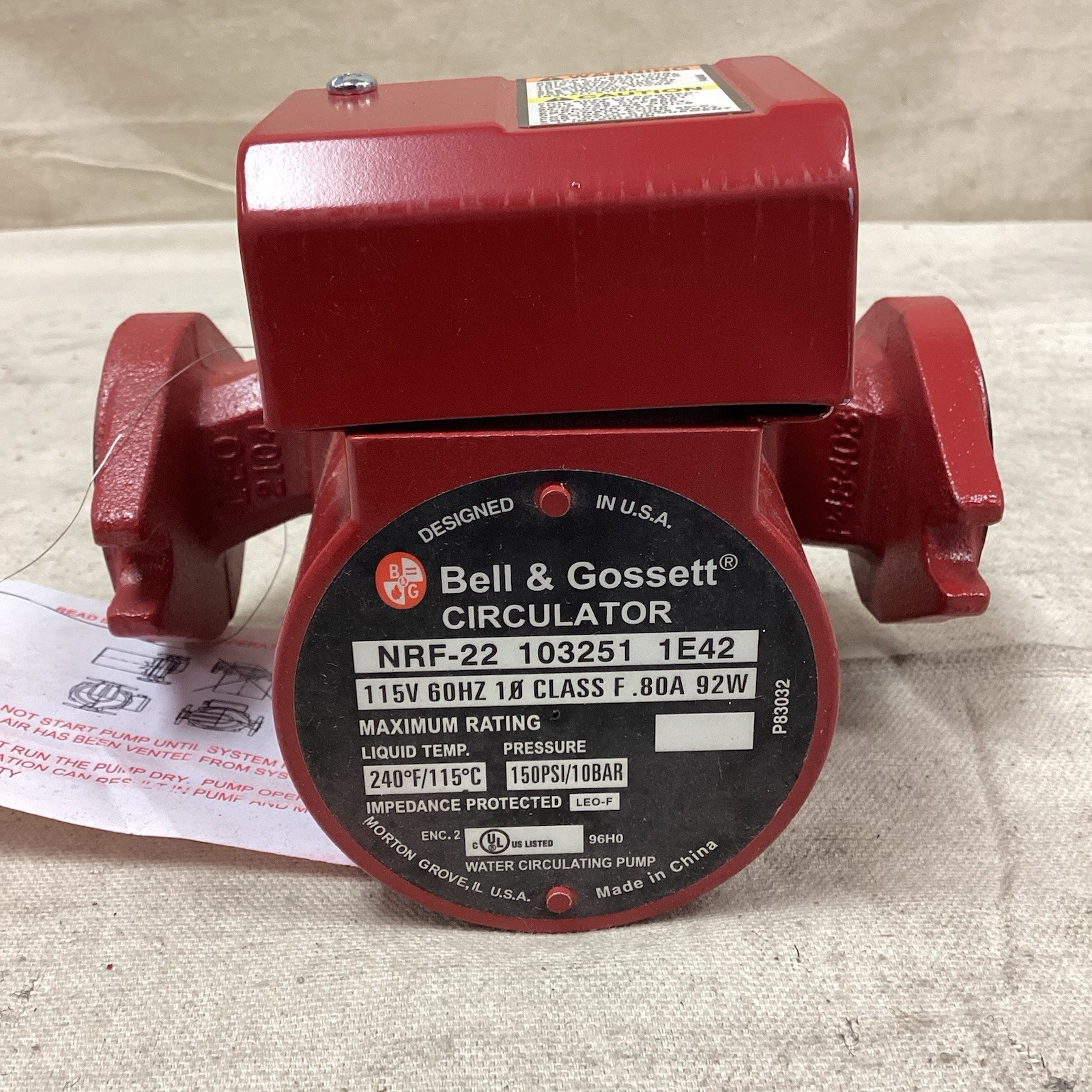 BELL & GOSSETT 103251 Hydronic Circulating Pump 1/25hp 115V 22gpm 15′ Head