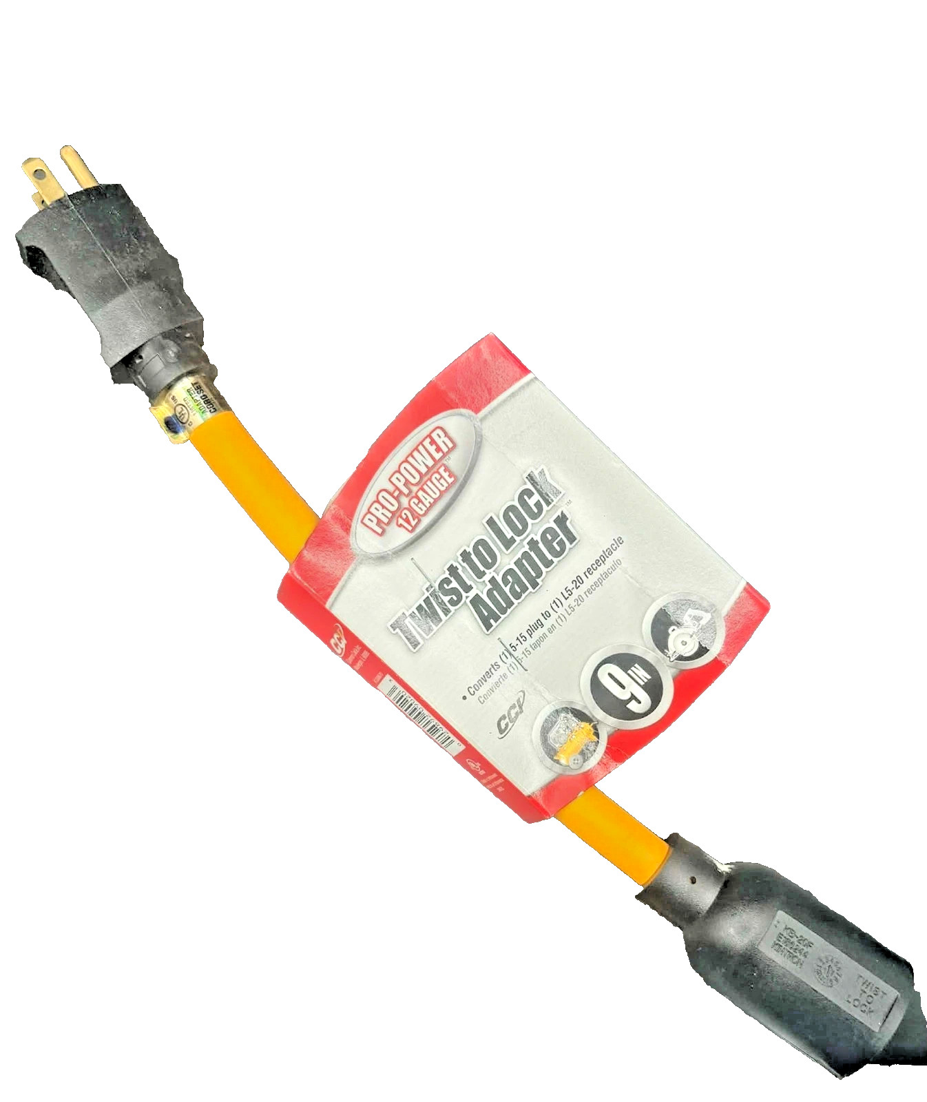Twist-to-Lock Cord Adapter 9″ 12/3 STW Yellow 15A 125V Plug to L5-20R