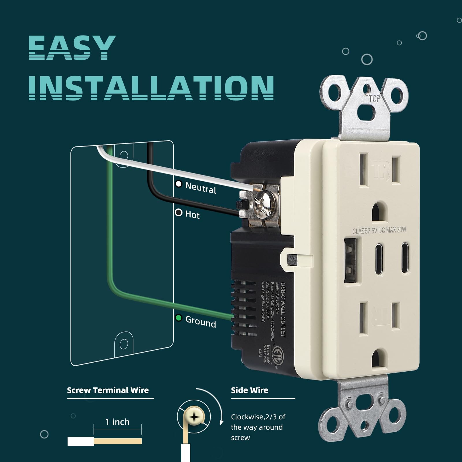 TOPELER 2 Pack USB Wall Outlet, 30W 6.0A Charging Power 15A, Light Almond