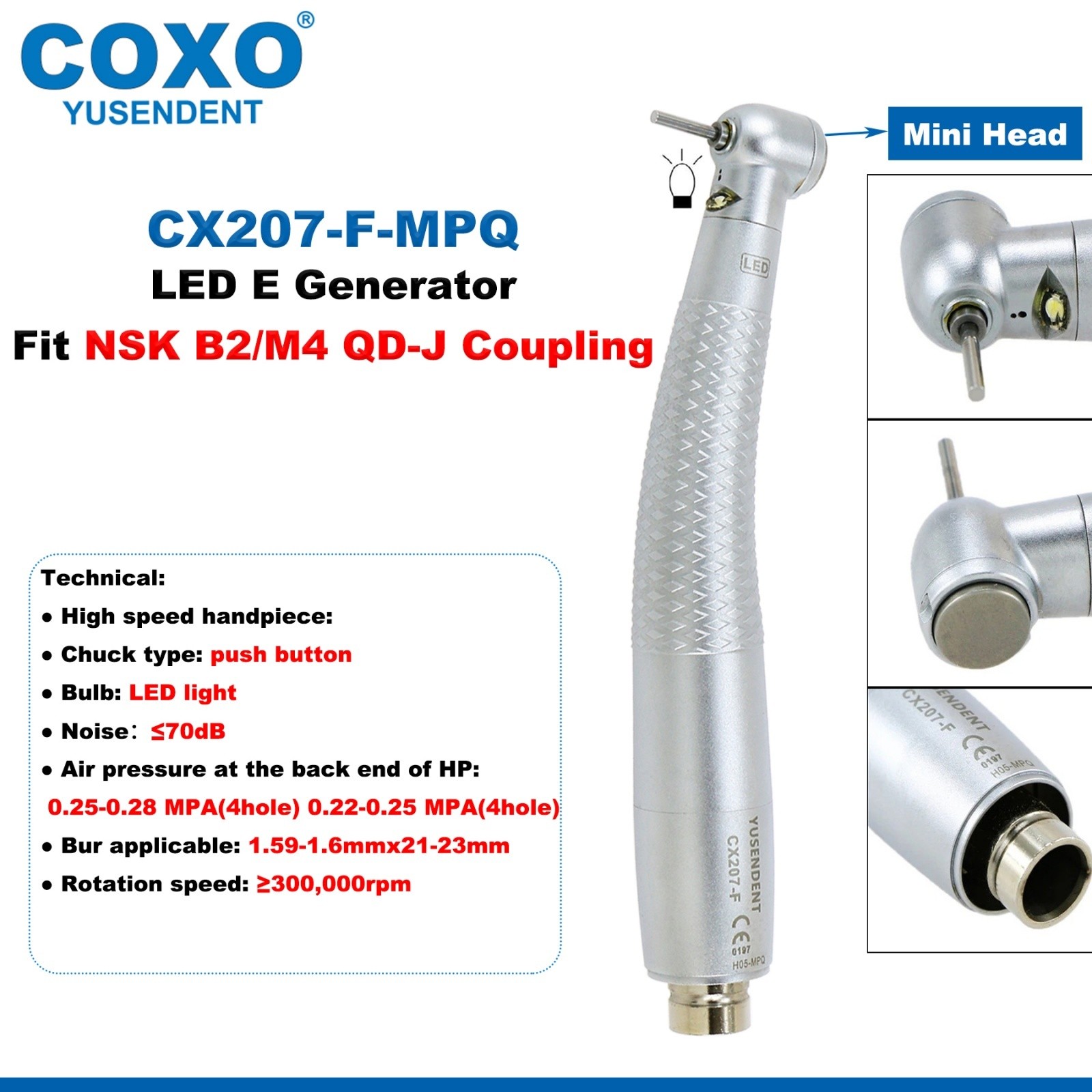 US COXO Dental LED Handpiece High Speed E Generato 2/4 Holes Coupler Fit NSK