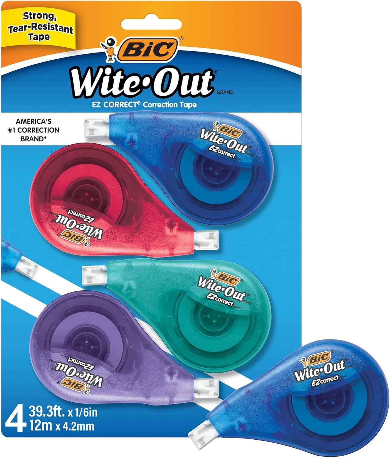 BIC EZ Correct Correction Tape, White, No Dry Time, Tear Resistant Tape, 4-Count