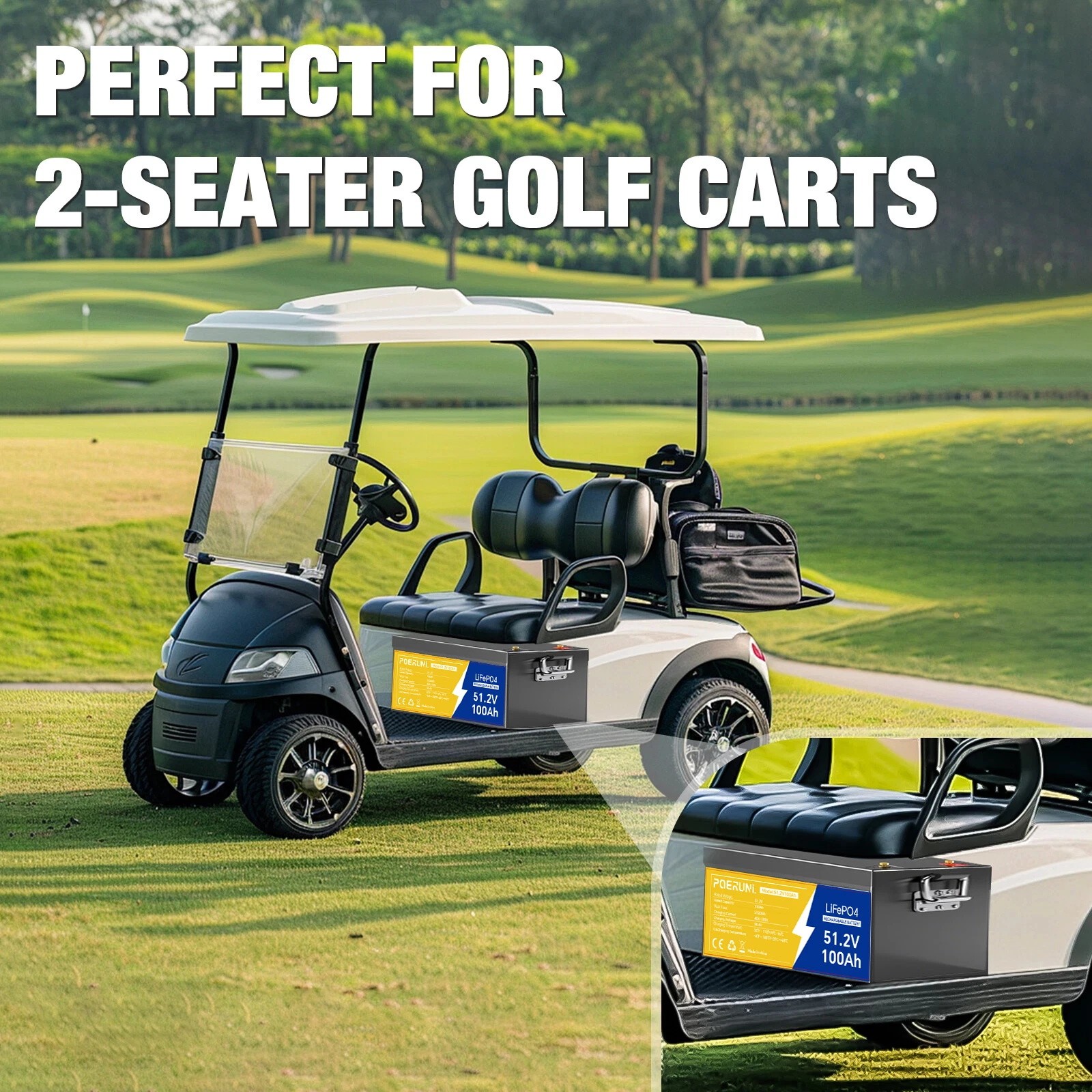 POERUNI 48V 100AH LiFePO4 Lithium Battery with 20A Charger Metal Case Golf Cart