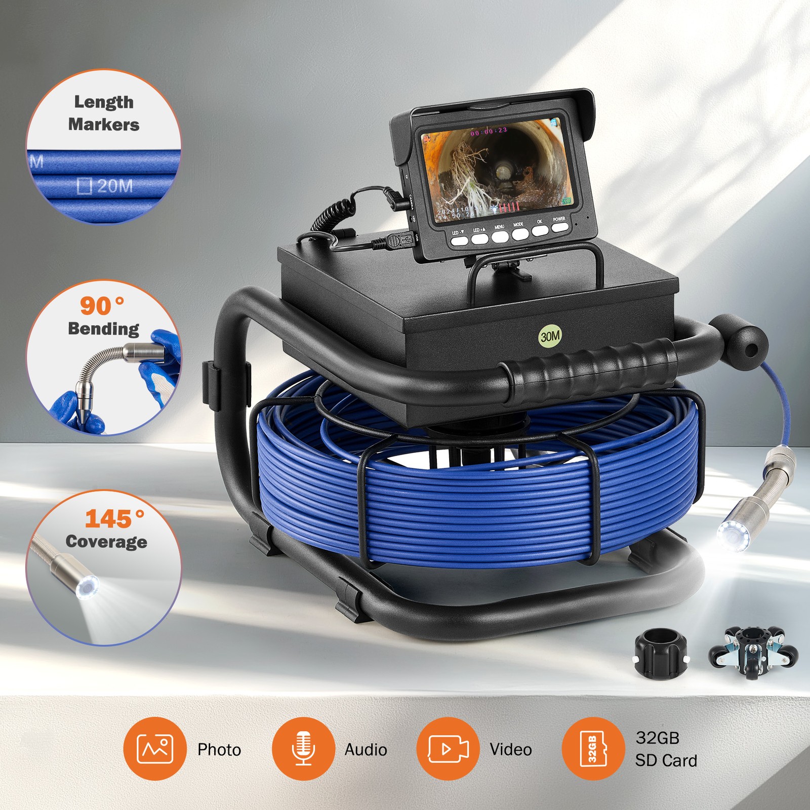 4.3 in. Sewer Camera 98ft/30m Semi-Rigid Cable Length Marker IP68 Pipe Camera