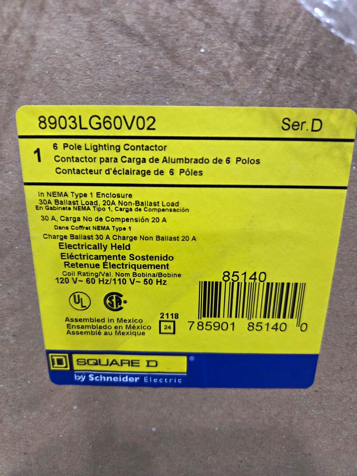 Square D Electrically Held Lighting Contactor 6-Pole 30A 120V Coil 8903LG60V02