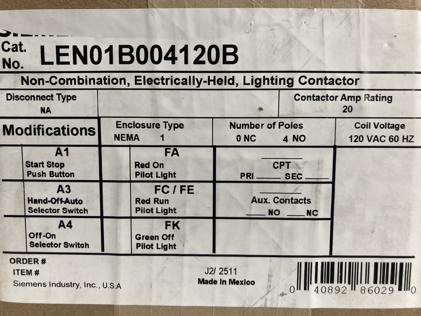 Siemens LEN01B004120B Electrically Held Lighting Contactor 4-Pole 4NO NEMA 1 20A
