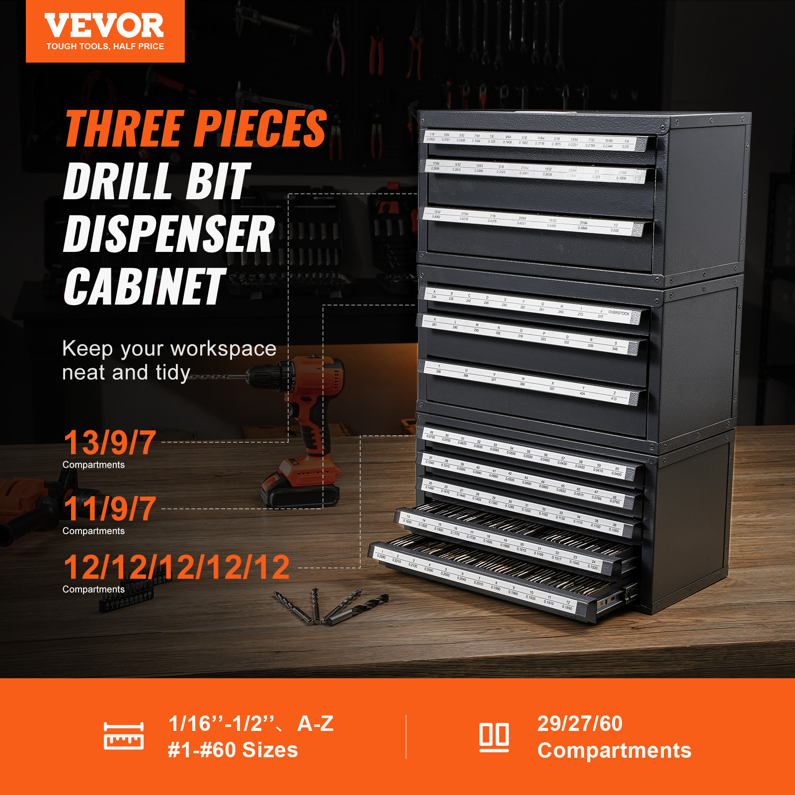 VEVOR Drill Bit Dispenser Organizer Cabinet 3 Pieces Three-Drawer Five-Drawer