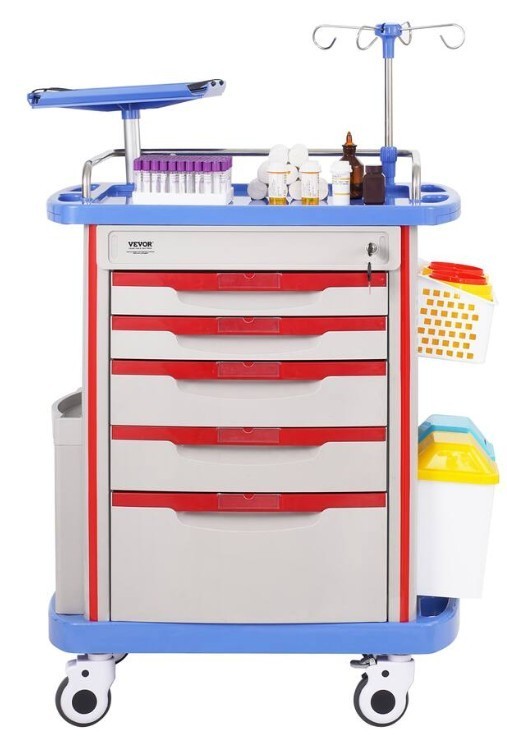 VEVOR 5 Tier Lab Cart – Mobile Medical Cart with 5 Drawers, IV Pole, Back Board