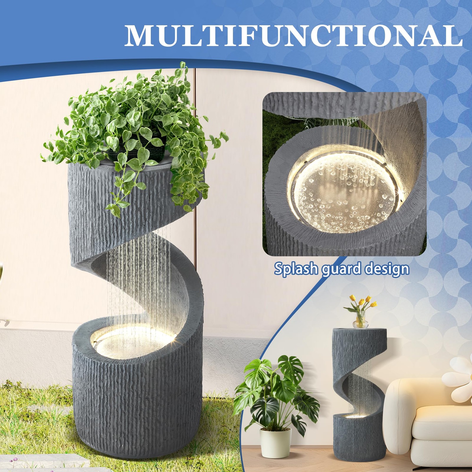 31.9″ S-Shaped Water Fountain LED Lights Cascading Indoor Outdoor Floor Standing