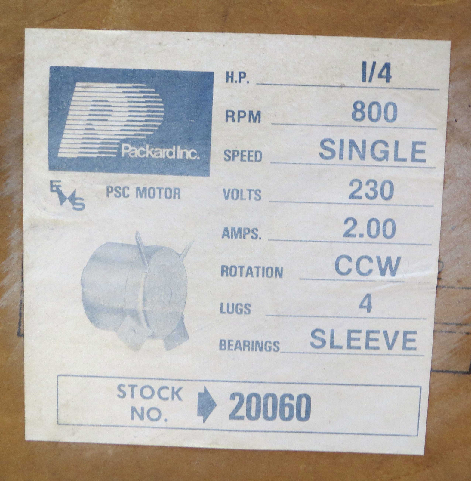 New Open Box Packard Inc. PSC Motor 20060 (1/4 HP, 800 RPM, 230 Volts, 2 Amps)