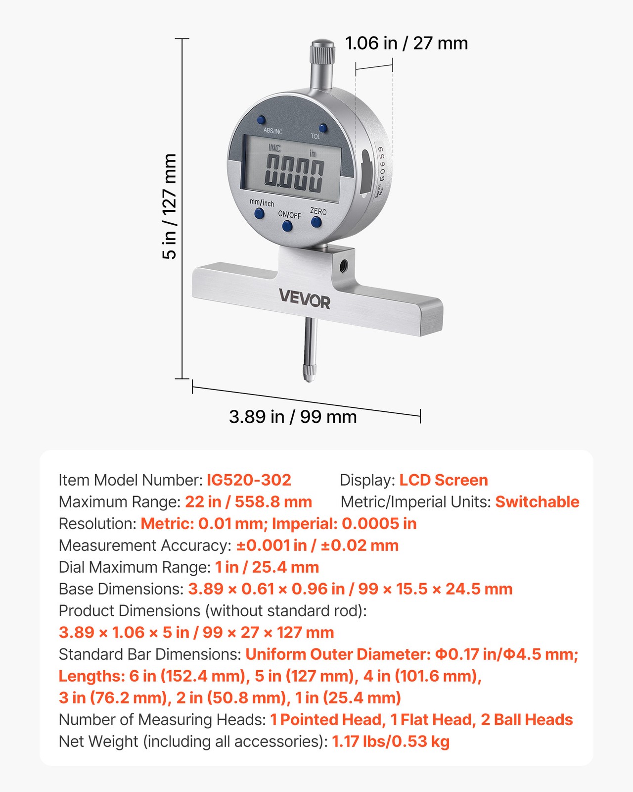 VEVOR Digital Depth Gauge 0-22in Range Precision Micrometer with 4 Anvils