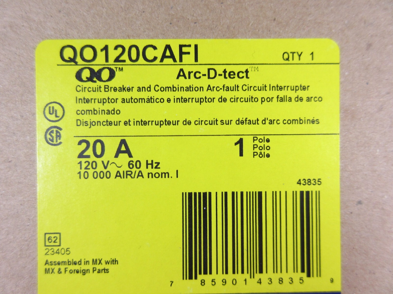 Schneider, Square D, Circuit Breaker, QO120CAFI, 20 Amps, 120 Volts, New in Box