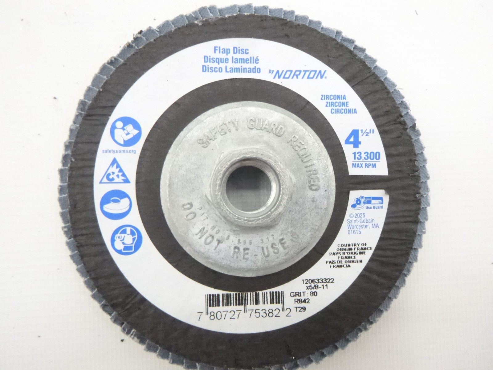 5 Pack Norton 4 1/2″ x 7/8″ Flap Disc P80 Grit 13,300 Max RPM R842, 120633322