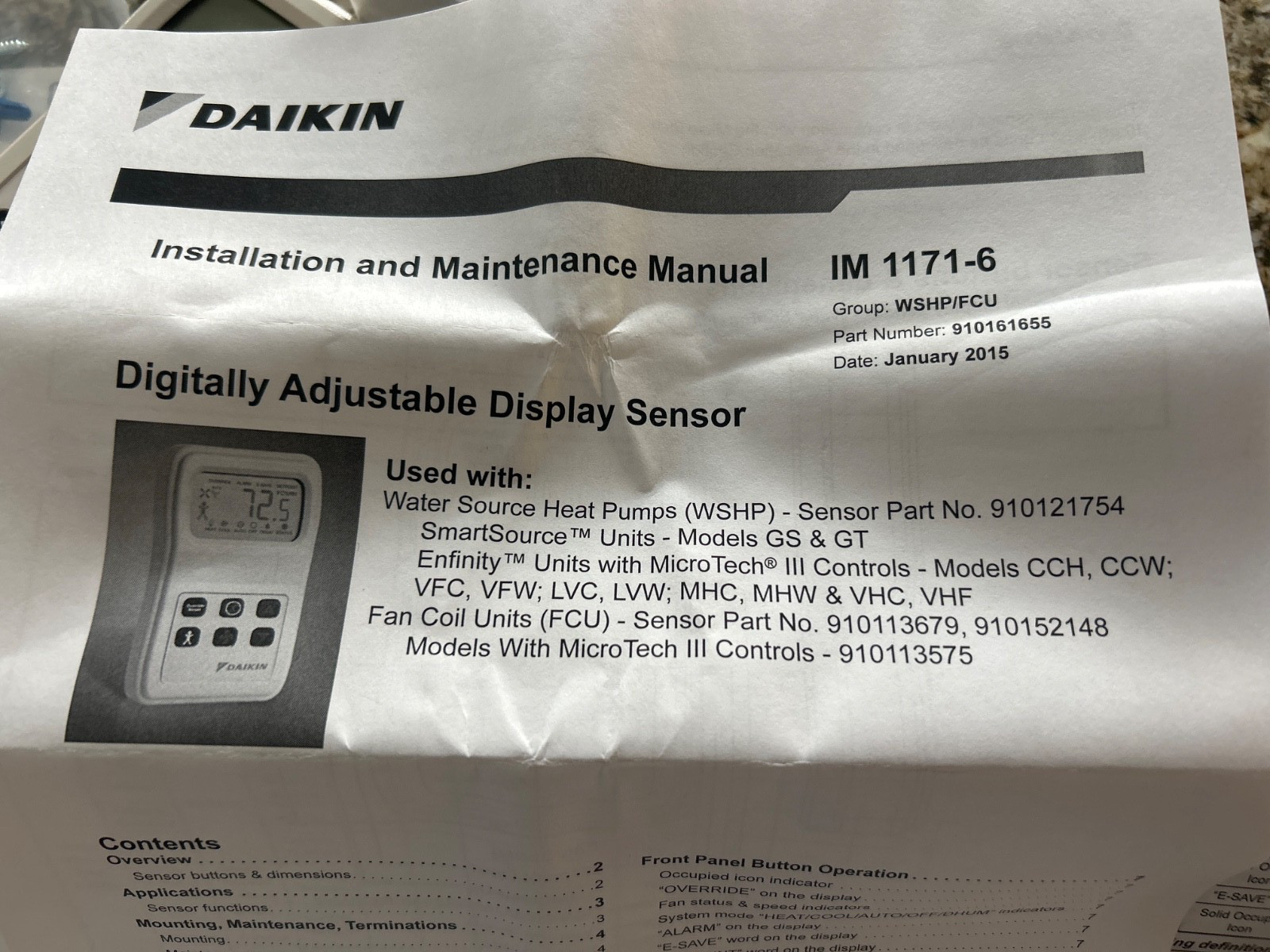 Daikin Water Source Heat Pump Digital Room Sensor 910121754