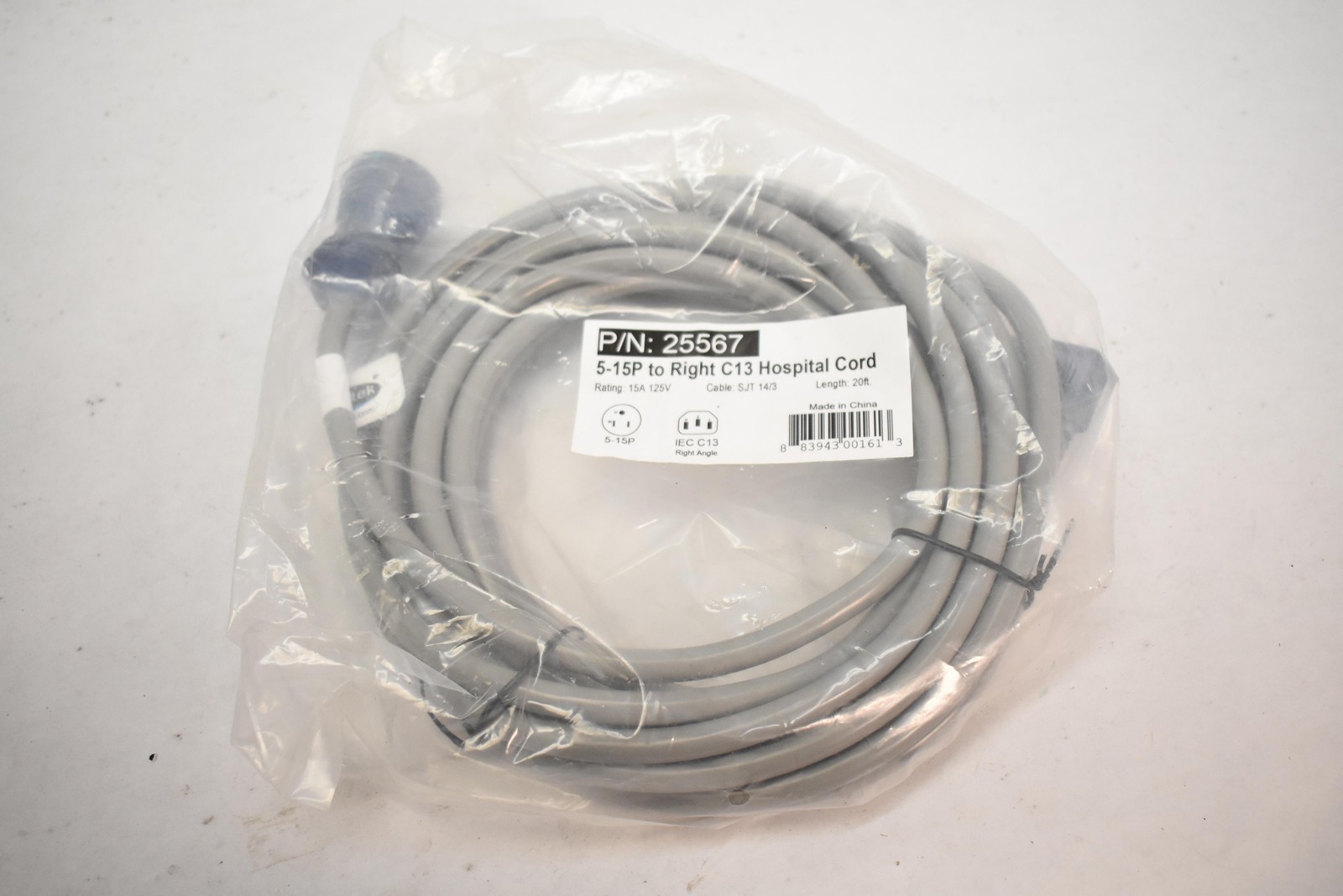 Conntek 5-15P To Right Angle IEC C13 Hospital Power Cord 20FT SJT 14/3 15A 125V