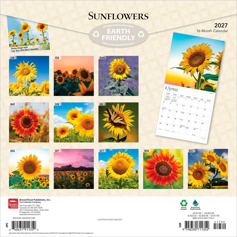 Sunflowers | 2027 12×24″ (Hanging) Monthly Square Wall Calendar | Plastic-Free