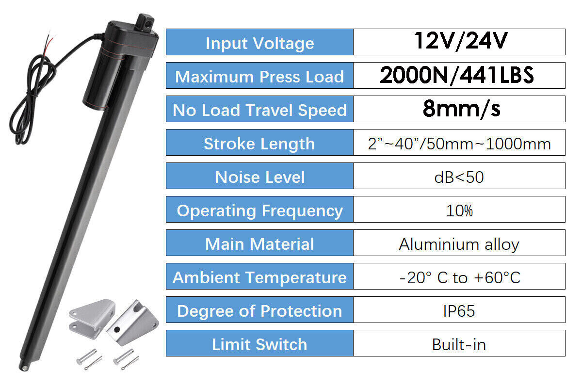 2000N Linear Actuator 12V Heavy Duty IP65 Waterproof Stroke 2″~40″ 1000MM 450lbs
