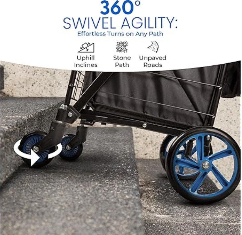 SereneLife Large Folding Utility Cart w/ Removable Liner – Blue – Heavy Duty, Ne