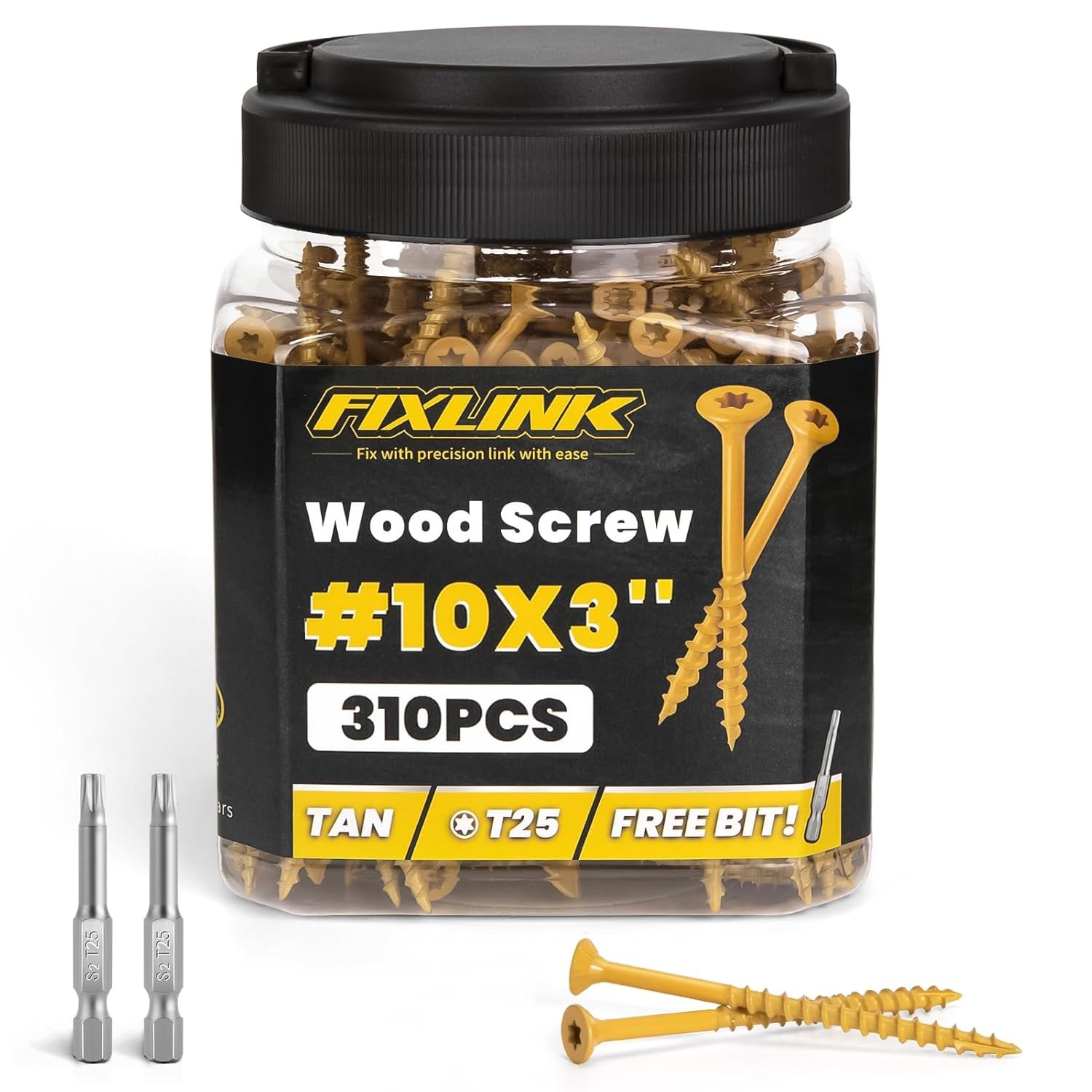 Wood Screws 3 Inch, FIXLINK Deck Screws #10 x 3, 310pcs, Epoxy Coated, T25 Star