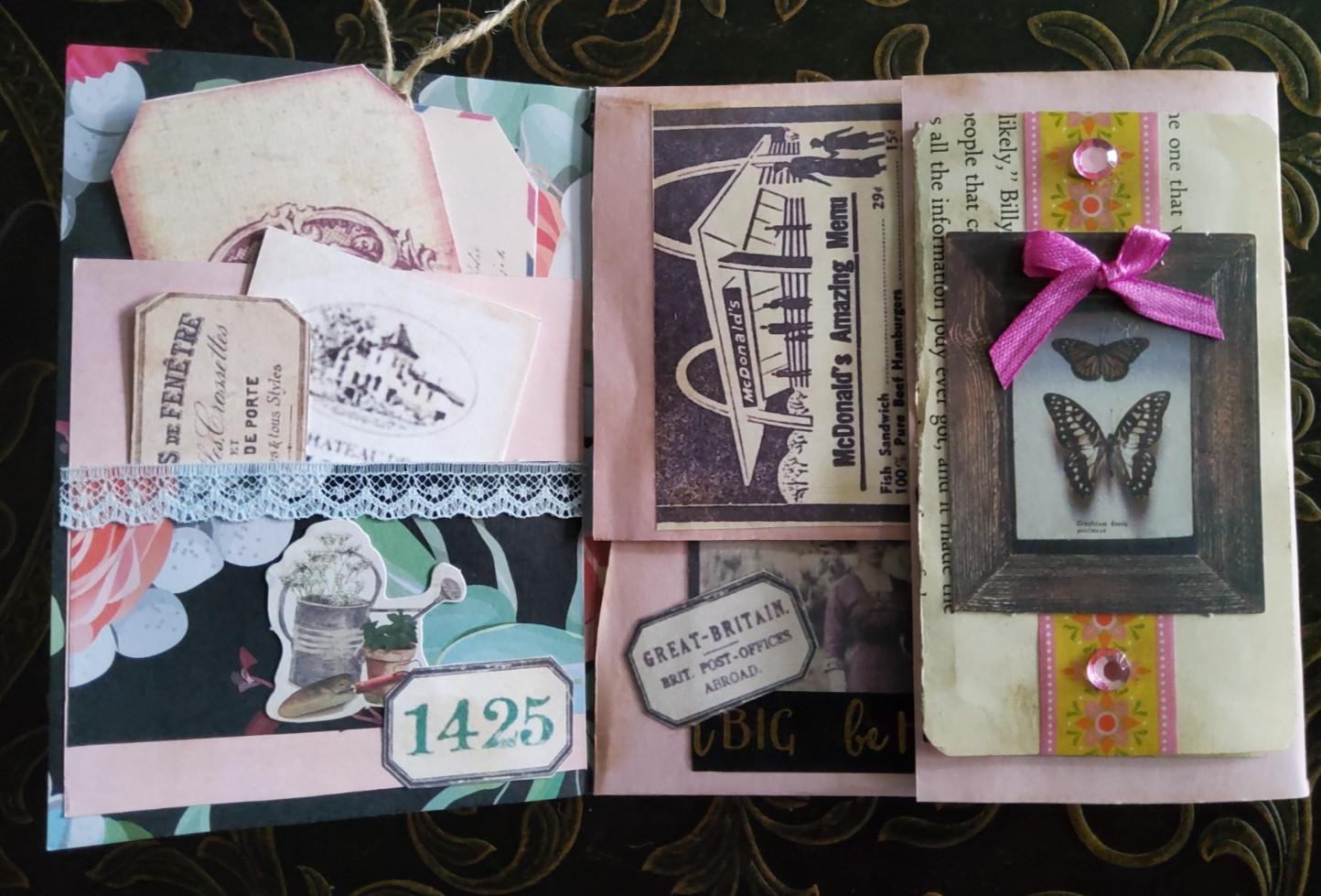 2 Junk Journals Handmade Booklet Folio PINK ROSES & LOVE w/ Pockets & Ephemera
