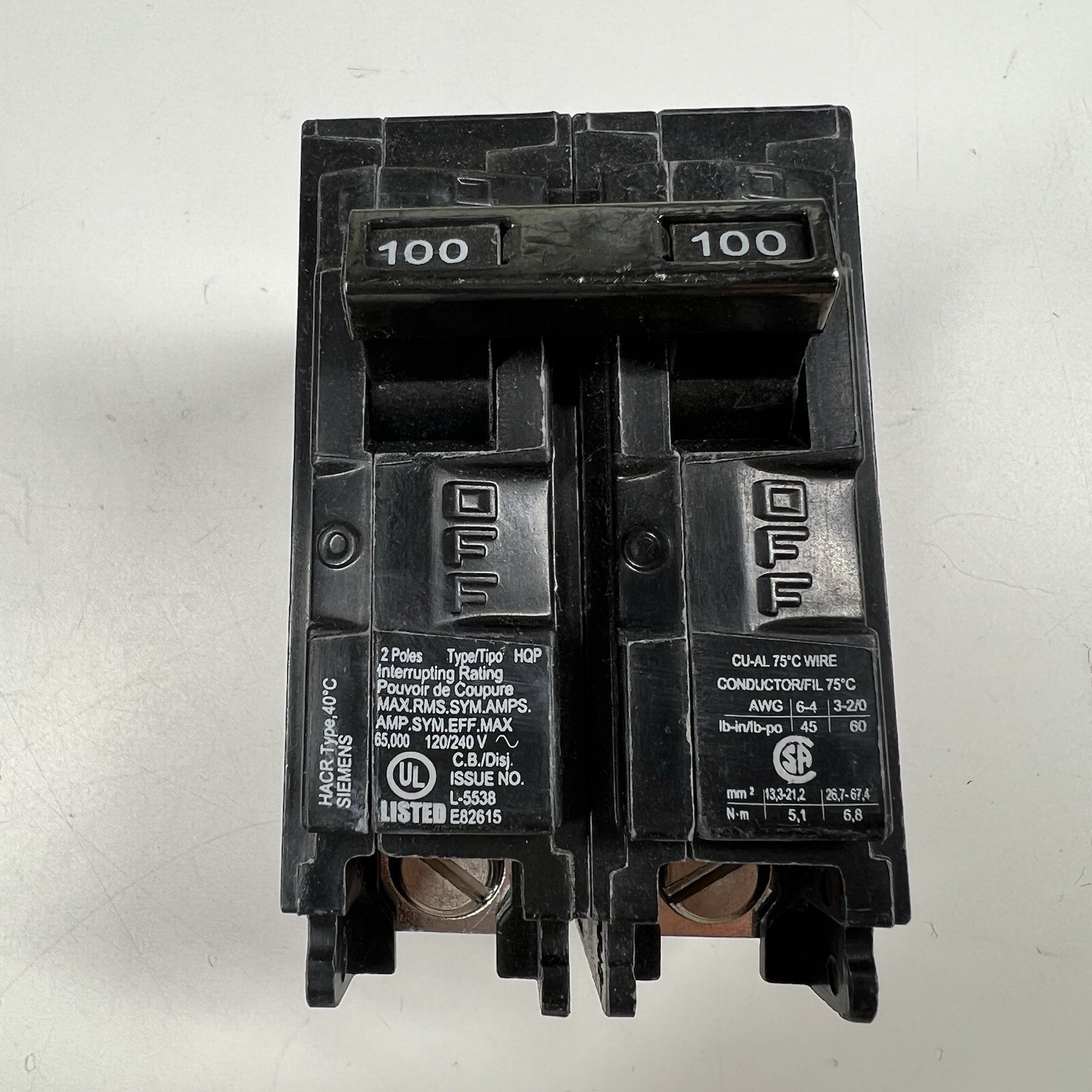 (1) Siemens Q2100HH 100 Amp, 2 Pole, 120/240VAC Bolt-On Circuit Breaker New