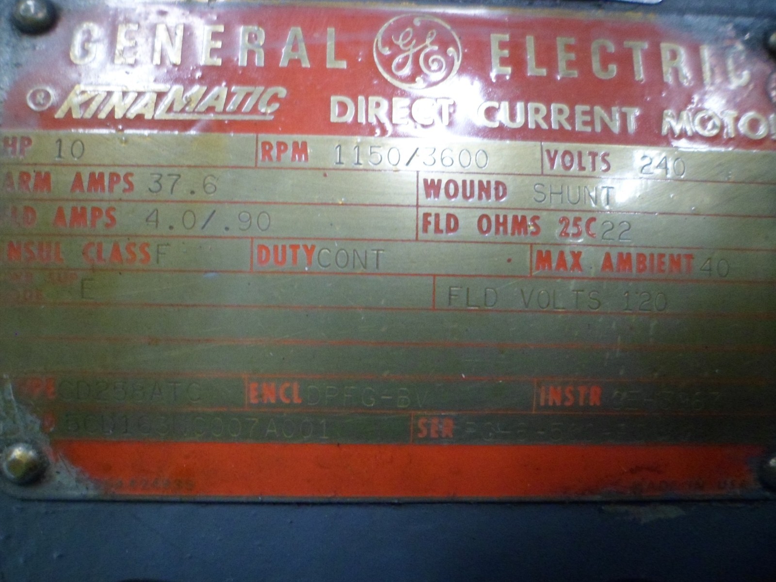 GENERAL ELECTRIC KINAMATIC CD258ATC DIRECT CURRENT MOTOR 240V 3PH 1150/3600 RPM.