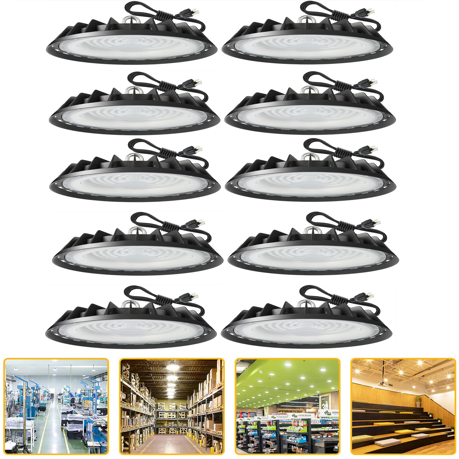 10Pack 300W UFO LED High Bay Light Fixture 6000K for Warehouse Factory Gym Shop