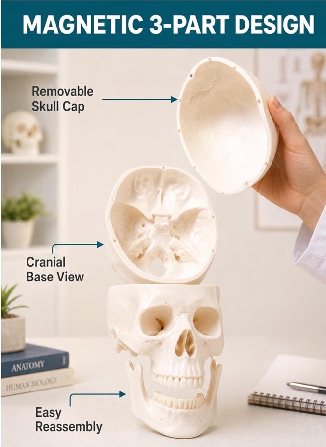 Life Size Human Skull Model 3-Part Magnetic Anatomy Teaching Replica