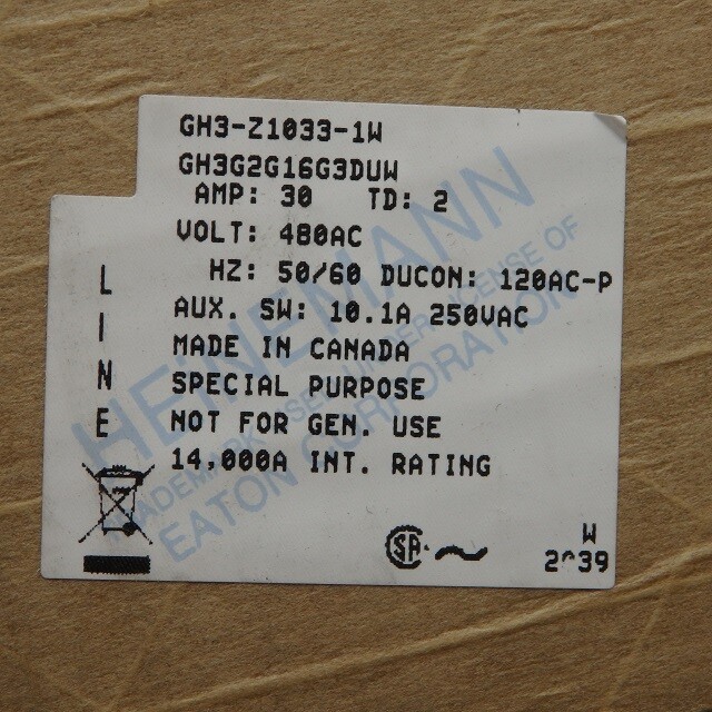 Eaton 30A 480VAC 3-Pole Long Time Delay Curve Circuit Breaker GH3-Z1033-1W