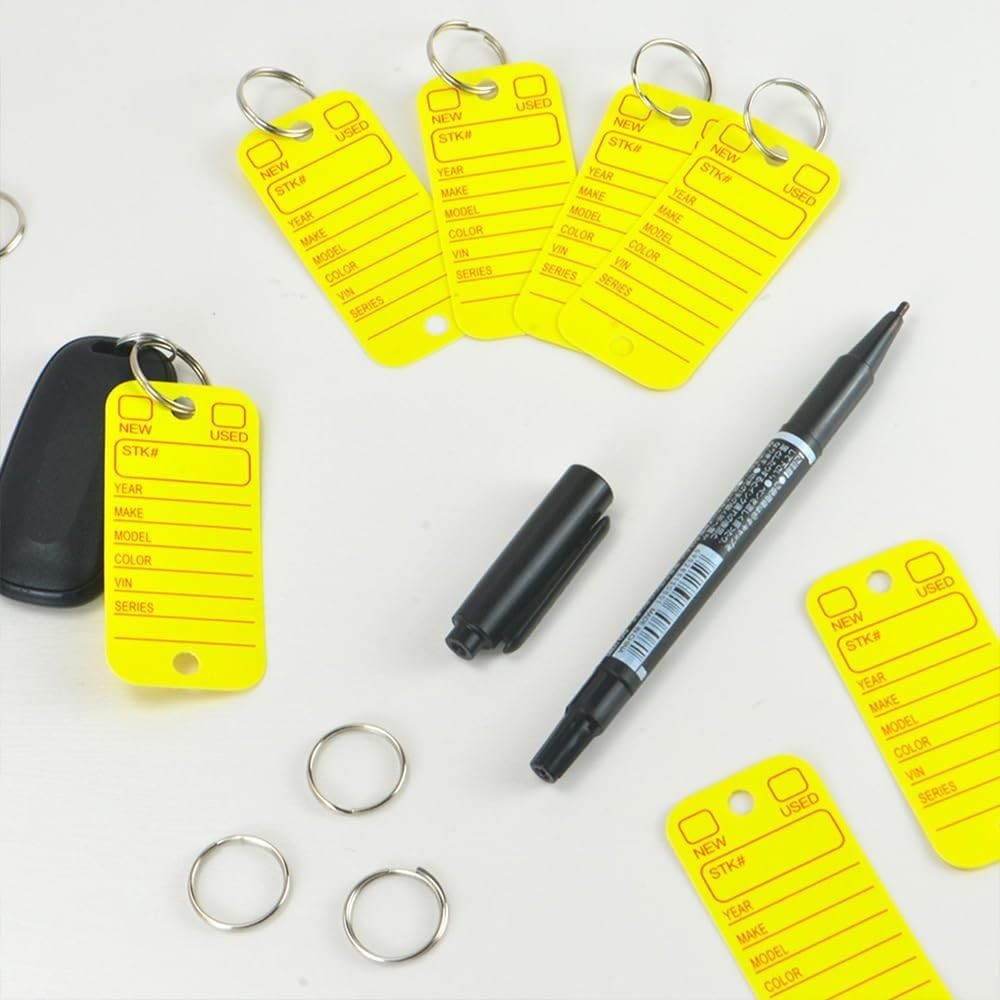 KIUKIUO 200 Pcs PVC Key Tags with Rings & Markers – Yellow