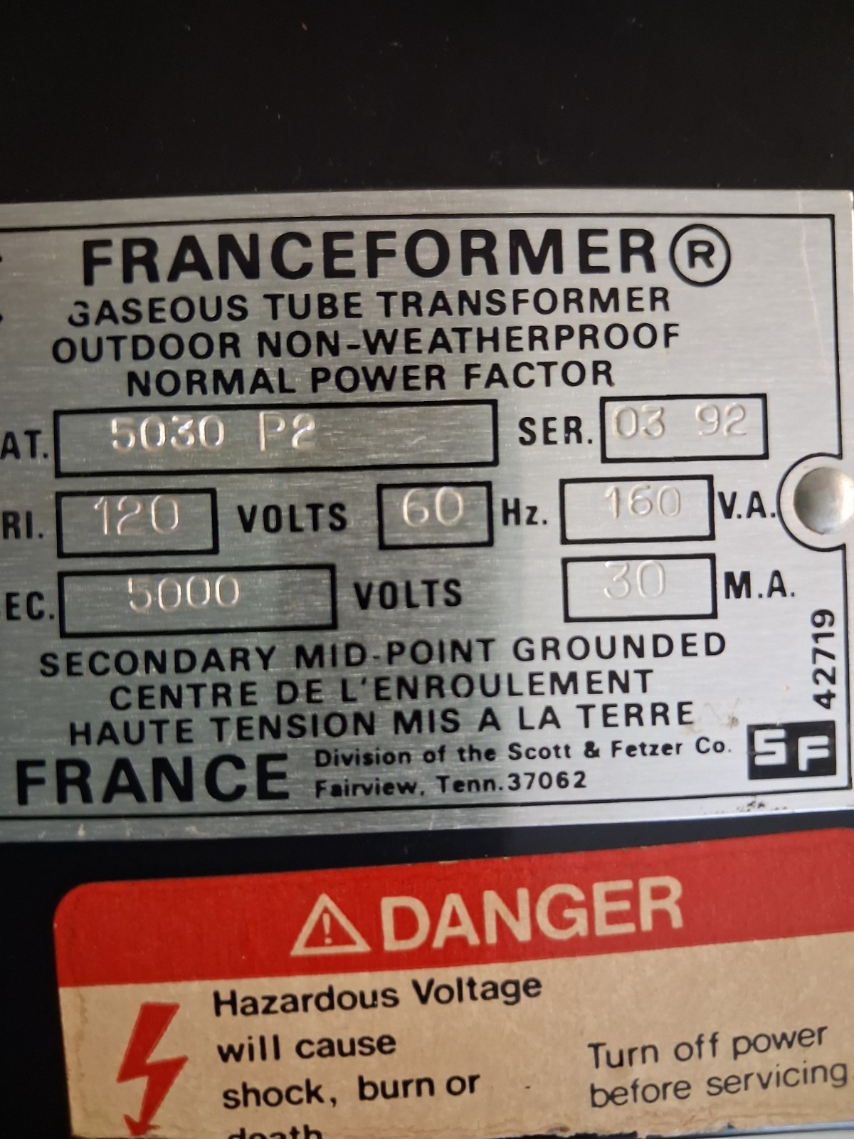 Franceformer 5030 P2 120V 60hz 5000V 160V.A. 30M.A. luminous tube transformer