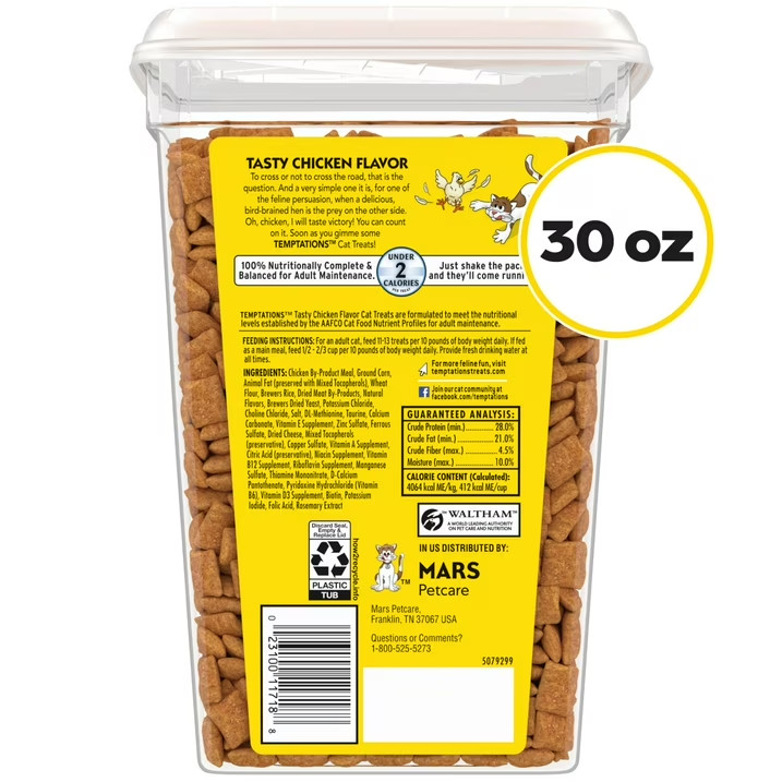 3 Tub TEMPTATIONS Classic Crunchy and Soft Cat Treats Tasty Chicken Flavor 30 oz