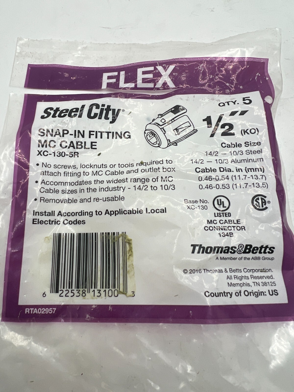 (QTY 25) Steel City 1/2in Standard Snap-In Fitting for MC Cable XC-130-5R