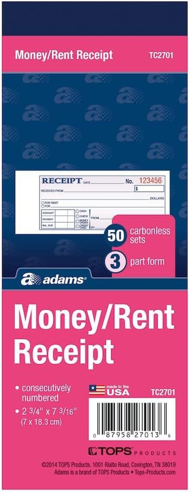 Money/Rent Receipt Book, Carbonless, 3-Part, 2-3/4 X 7-3/16 Inches, 50 Sets