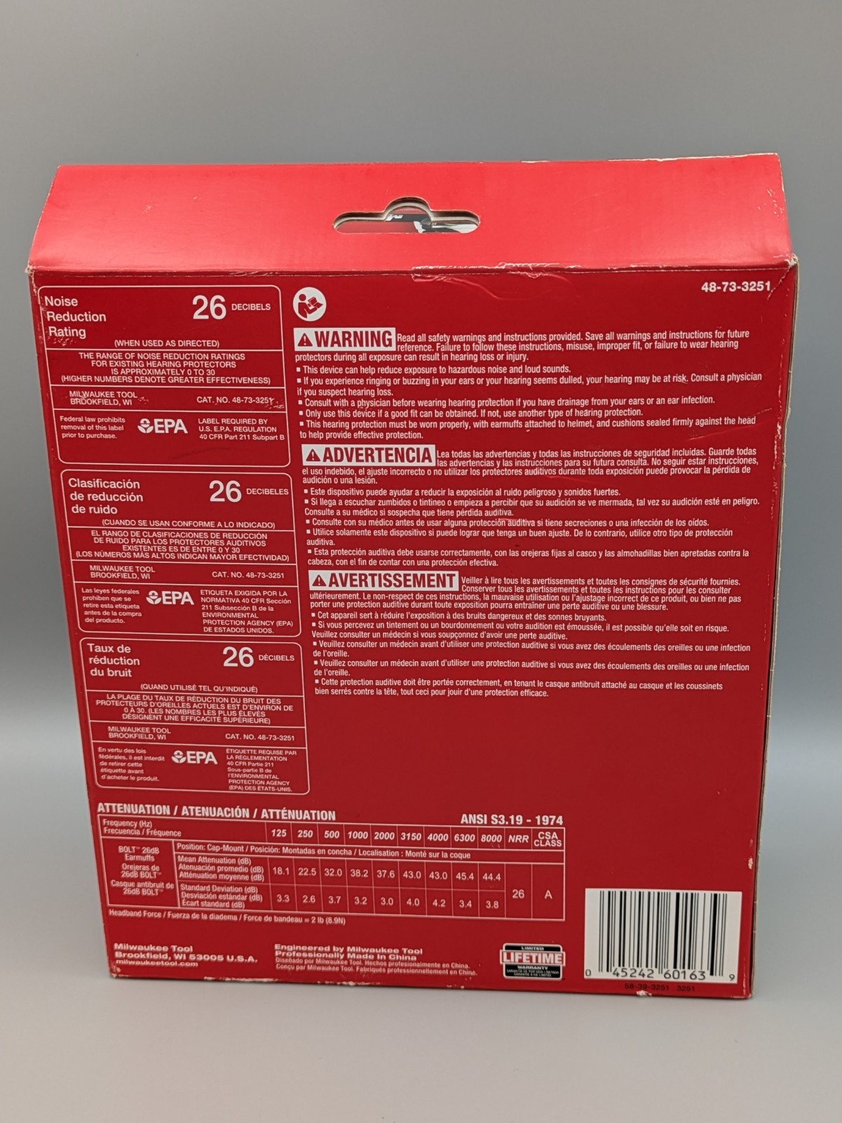 Milwaukee 48-73-3251 BOLT 26dB Earmuffs ANSI S3.19-1974 CLASS A