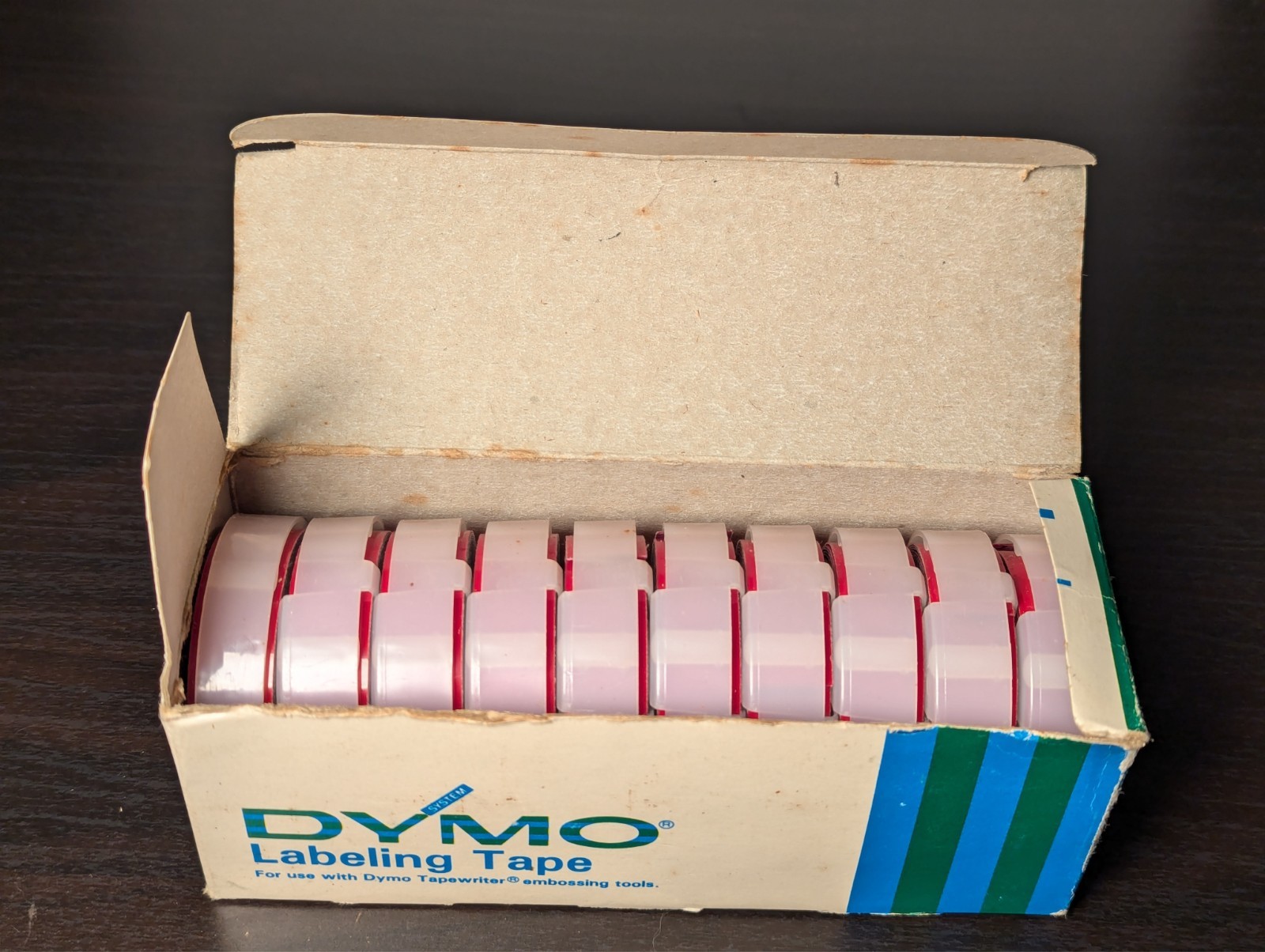Vintage Dymo Labeling Tape | 1/2″ X 12′ | Glossy Red | 10 Rolls | Original Box